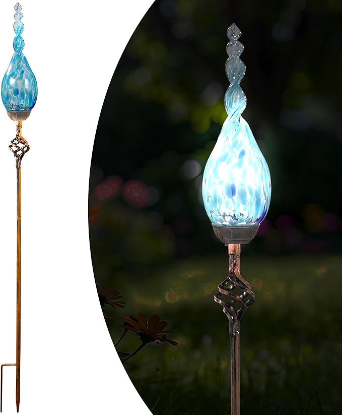 Solar Garden Lights Outdoor, Decorative LED Flame Garden Stakes, Hand Blown Glass and Outdoor Waterproof Glass Stakes (Light Blue)