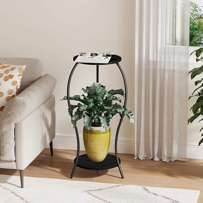 Plant Stand Indoor, 2 Tier Round Tall Plant Stand, Flower Pot Stand, Plant Shelf Rack, Corner Plant Stand for Planter Garden Balcony Patio Living Room (Black-Wood, 2 Tier)