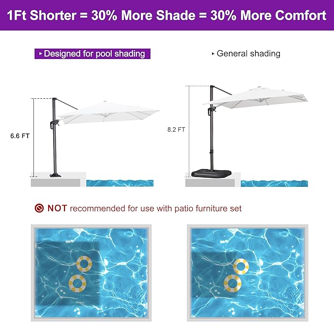 PURPLE LEAF 8' X 8' Patio Umbrella with Steel Plate Base for Pool 7' High Offset Outdoor Cantilever Umbrella Swimming Pool Umbrella with 360°Rotation for Poolside White