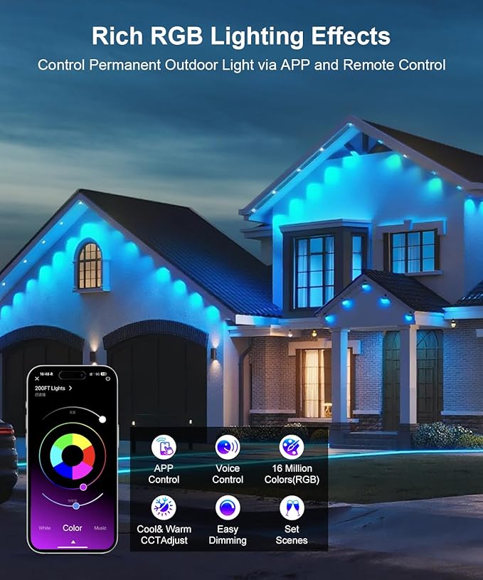 Fussion Permanent Outdoor Lights for House, 100ft RGB Halloween House Lights Outdoor with APP Remote Control, IP67 Waterproof Smart Eternity Eaves Lighting for Christmas, Holiday, Party, Daily