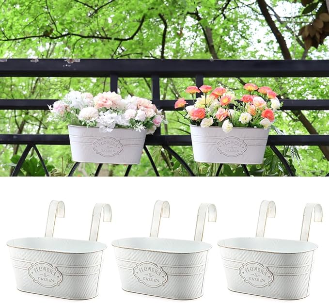 3 Pack Metal Railing Planters, 10.5" Oval Hanging Flower Pots with Detachable Hooks & Drainage Holes, Fits Rails up to 2.36", Galvanized Iron Fence Bucket for Balcony Garden Patio - Letter White