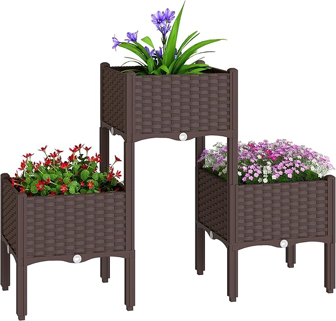 Outsunny Plastic Raised Garden Bed with Legs, Self Watering Elevated Planter Boxes with Drainage Holes and Plugs, Easy Assembly Outdoor Planter Box for Patio Yard Balcony, Vegetables, Flowers, Herbs