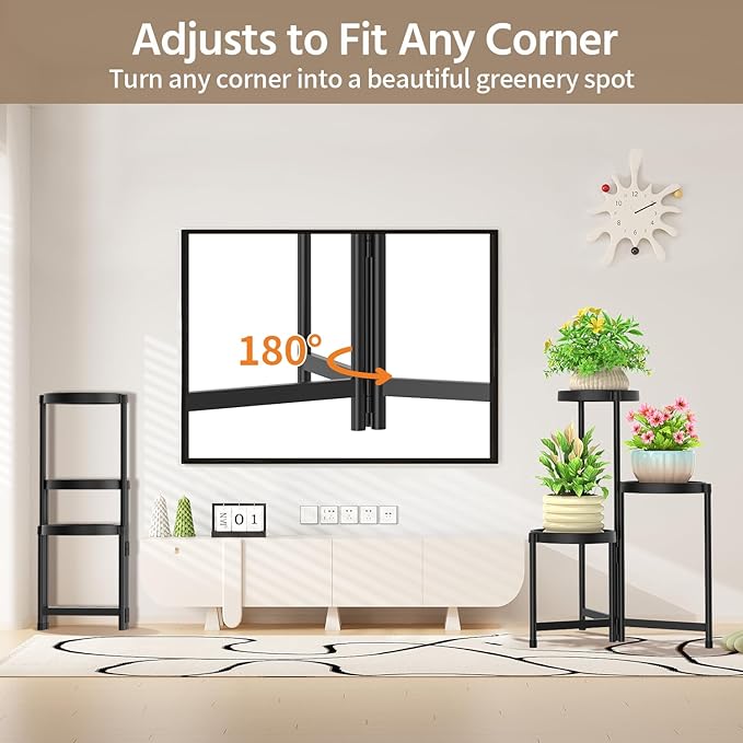 LASZOLA 3 Tiered Folding Plant Stand Indoor for Multiple Large Planter, Tall Heavy Duty Adjustable Rack with Rust Proof Plastic Shelving, Sturdy Vertical Tree Organizer for Narrow Inside Floor, Black