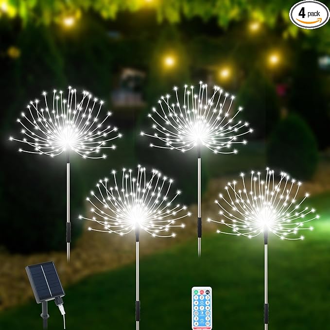 Solar Garden Lights Outdoor Waterproof, 4 Pack Total 480 LED Solar Firework Lights Decorative with 8 Lighting Modes Outside for Yard Pathway Flowerbed Decor, White