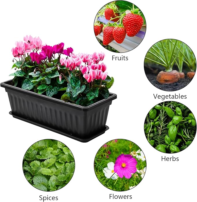Fasmov 7 Pack 17 Inches Flower Window Box Plastic Vegetable Planters with Trays Vegetables Growing Container Garden Flower Plant Pot with 7 Pcs Plant Labels for Balcony, Patio, Garden, Black