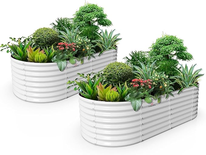A ANLEOLIFE 2-Set 8X4X2 ft Galvanized Raised Garden Bed Kit, Oval Metal Deep Root Planters for Outdoor Plants, Antique White