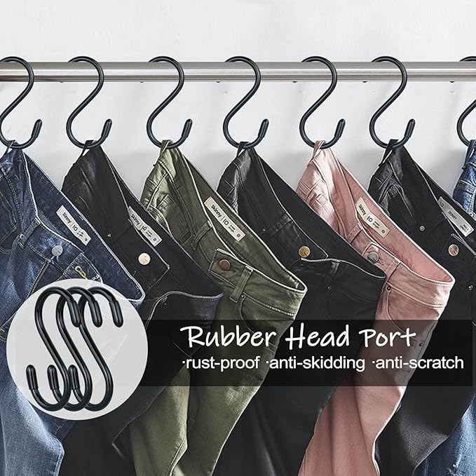 30 Pack Vinyl Coated Heavy Duty S Hooks for Hanging Plants, Clothes, Non Slip Steel Metal Black Rubber Coated Closet S Hooks for Hanging Jeans, Jewelry, Pot, Pan
