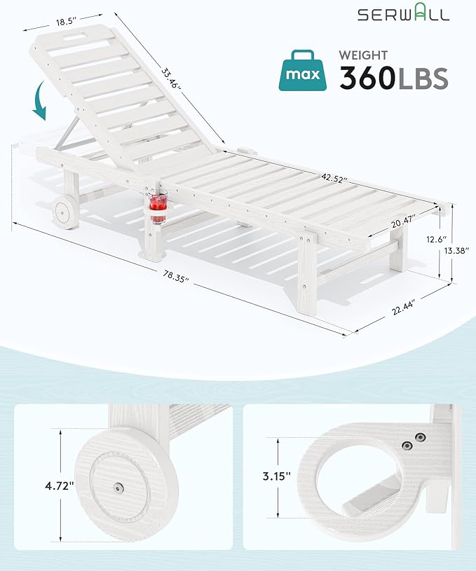 SERWALL Outdoor Chaise Lounge Set of 6, HDPE Pool Lounge Chair with 5-Position Adjustable Backrest, Patio Lounger with Rolling Wheels & Cup Holder for Pool, White