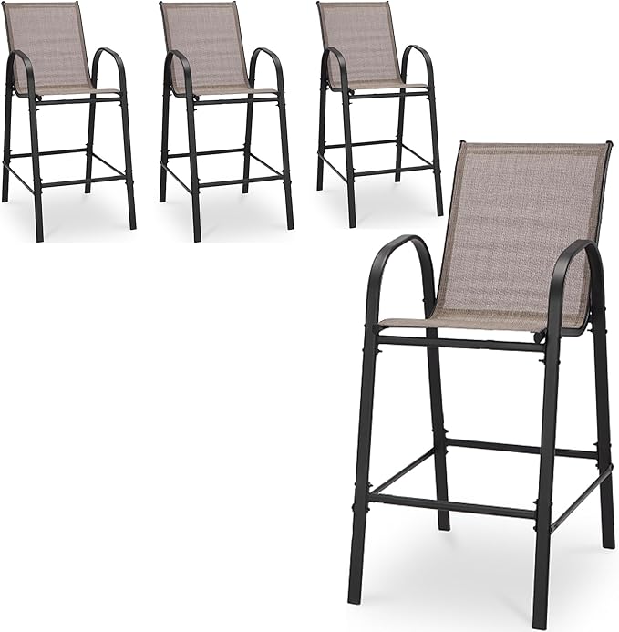 HOMREST Outdoor Bar Height Stools Set of 4,High Back Patio Chairs with Armrests,Textilene Chairs with Breathable Fabric & Metal Frame for All Weather,Taupe