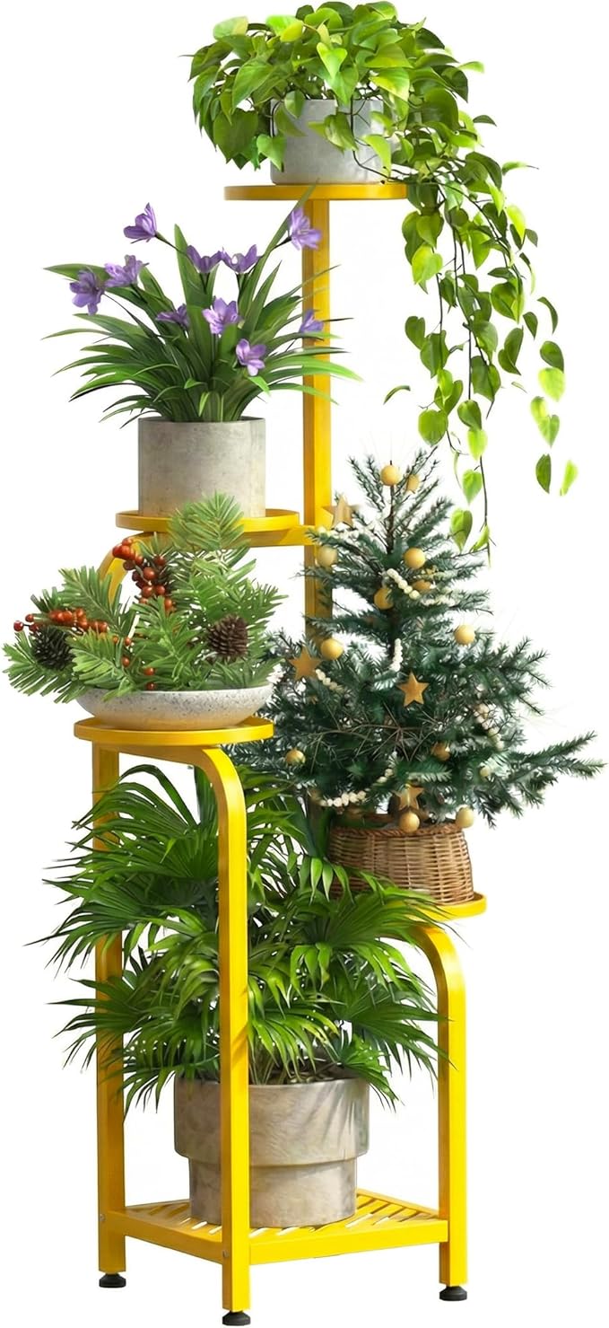 TOSKING 5 Tier Tall Plant Stand Indoor Outdoor, Heavy Duty Corner Shelf for Plants & Decor, Space Saving 3.9FT Metal Flower Pot Stand for Balcony, Garden, Living Room, Patio( Yellow, 5Tier SQ Base)