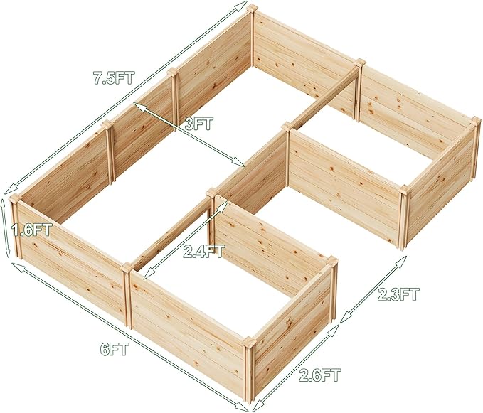 AMERLIFE U-Shaped Raised Garden Bed, 7.5Wx6Dx1.6H Free Combination Outdoor Wooden Raised Garden Bed Planter with 19.6" Depth Planter Box
