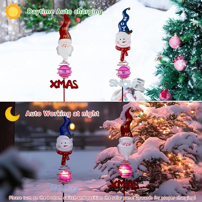 Christmas Solar Garden Stake Lights,2 Pack Snowman＆Santa Claus Xmas Pathways Lights,Solar Christmas Decorations for Outside Lawn Patio Landscape