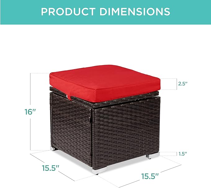 Best Choice Products Set of 2 Wicker Ottomans, Multipurpose Outdoor Furniture for Patio, Backyard, Additional Seating, Footrest, Side Table w/Storage, Removable Cushions - Red/Brown