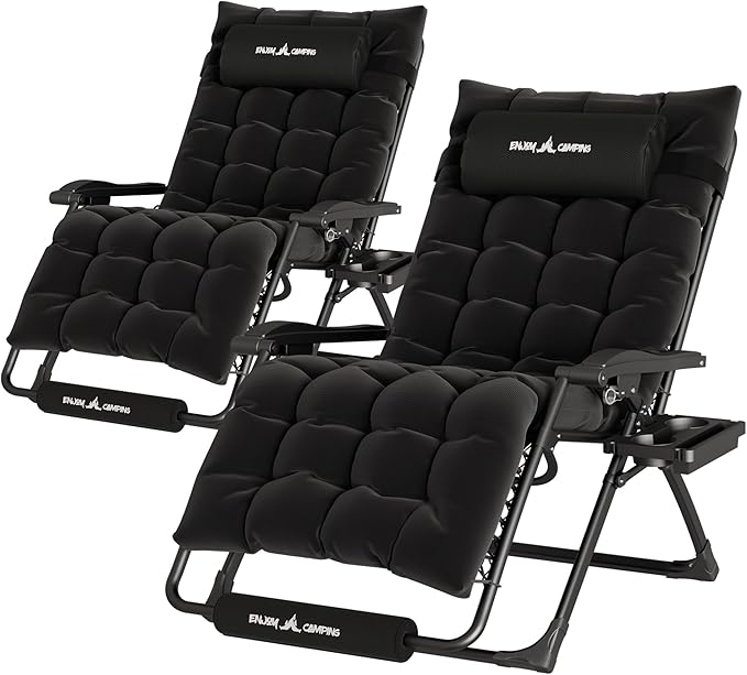 UDPATIO Oversized Zero Gravity Chair Set of 2, 29In XL Patio Reclining Chair with Cushion, Outdoor Folding Recliner with Pillows|Cup Holder|Foot Rest|Padded Headrest, Black, Support 500LB