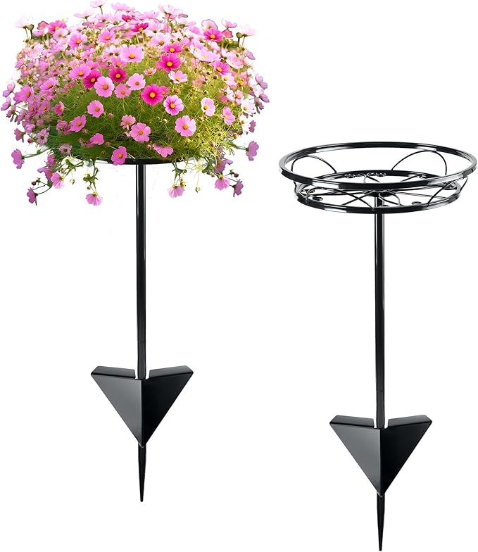 Tellingyou 2 Pack Adjustable Outdoor Flower Pot Stand, Metal Outdoor Plant Stands, Spring Summer Versatile Plant Stand Garden Stake for Display Plants, Elegant Solution for Landscaping Decor (Black)