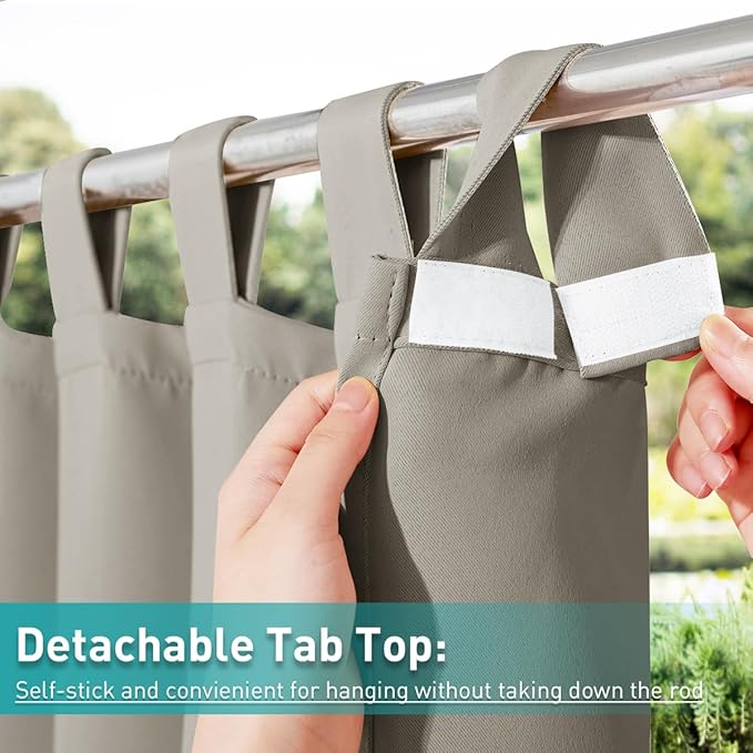 NICETOWN 2 Panels Natural Outdoor Patio Curtainss Waterproof, Detachable Sticky Tab Top Thermal Insulated Privacy Indoor Outdoor Drapes Cold & Heat Block Room Darkening for Pergola, W52 x L108