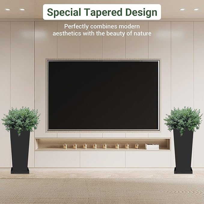 Tall Outdoor Planters Set of 2, 24 inch Tall Planters for Outdoor and Indoor, Metal Tapered Pots with Drainage Holes & Insert Shelves & Trays for Porch, Garden, Patio, Yard