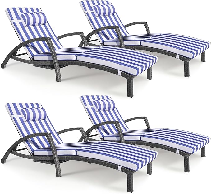 Chaise Lounge Chairs Outdoor Set of 4, Comfy Outside Wicker Patio Pool Lounge Chair w/ 5 Adjustable Back Angle, Cup Holder, Thicken Cushion