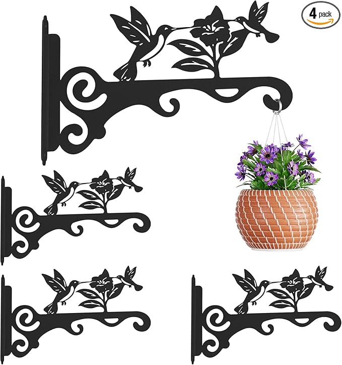 Elegant Bird Pattern Wall Hooks - 10/12/14 Inch Metal Plant Hangers for Indoor & Outdoor - Rust-Resistant Bracket for Plants, Feeders, Chimes, Lanterns (4, Black, 12 inch)