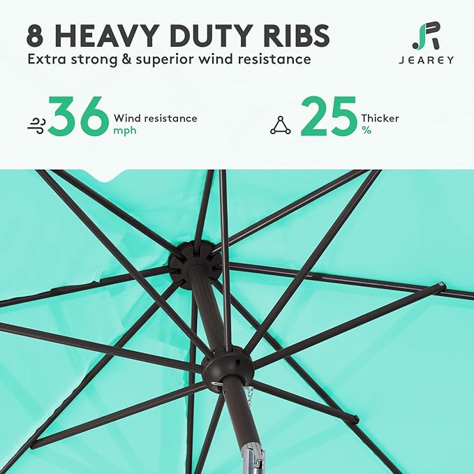 JEAREY 9FT Outdoor Patio Umbrella Market Umbrella with Push Button Tilt and Crank, Outdoor Table Umbrellas 8 Sturdy Ribs UV Protection Waterproof for Garden, Deck, Backyard, Pool (Teal)