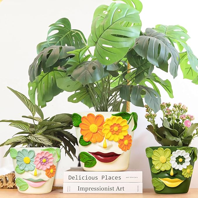 GUGUGO 8 Inch Large Flower Face Planters, Abstract Unique Head Plant Pot with Drainage, Rainbow Colorful Cute Flower Plant Pots for Indoor Plants, Funny Gardening Pot Gift Home Décor, Orange&Yellow
