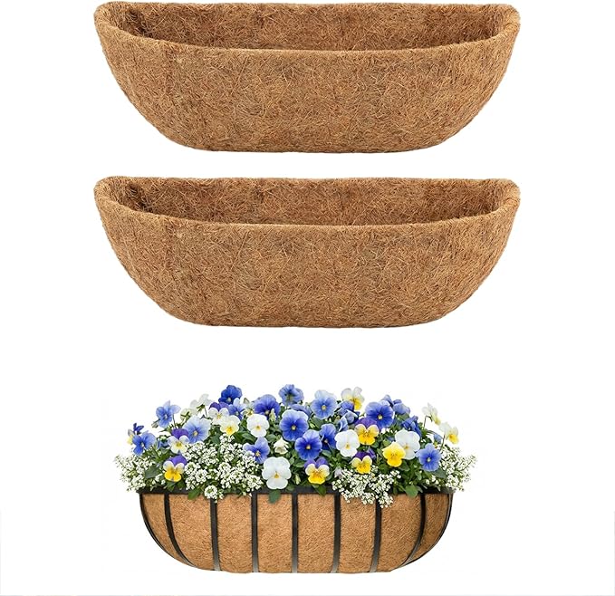 2 Pcs 36 Inch Trough Coco Liner for Window Box, 100% Natural Half Moon Coconut Coir Planter, Replaceable Coconut Fiber Liner for Window Boxes & Fence Flower Baskets (2, 36 inch)