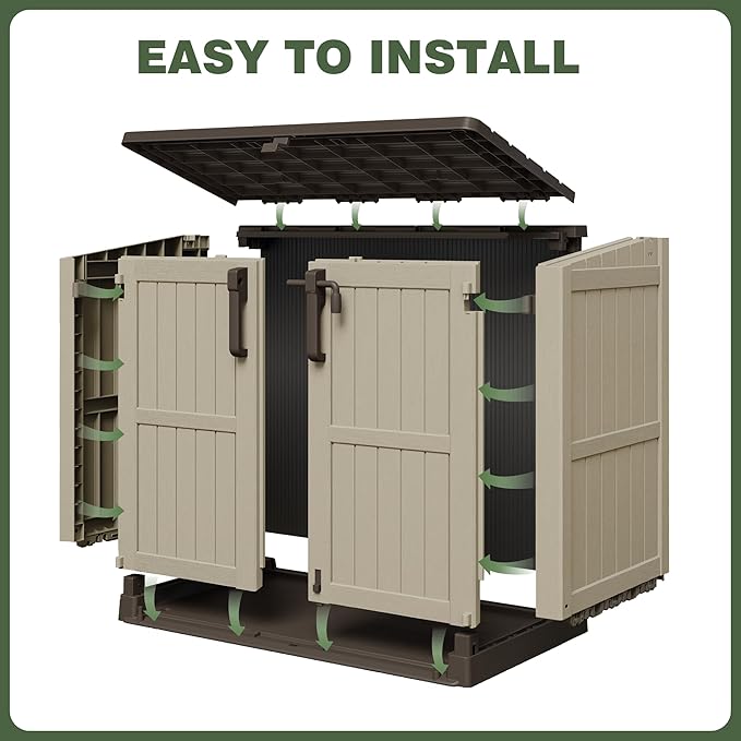 LHBcraft Waterproof Outdoor Storage Box 36 Cu Ft with Lockable Doors, Portable Horizontal Resin Storage Shed, Easy to Assemble, Outdoor Storage Cabinet for Backyards, Brown-Beige