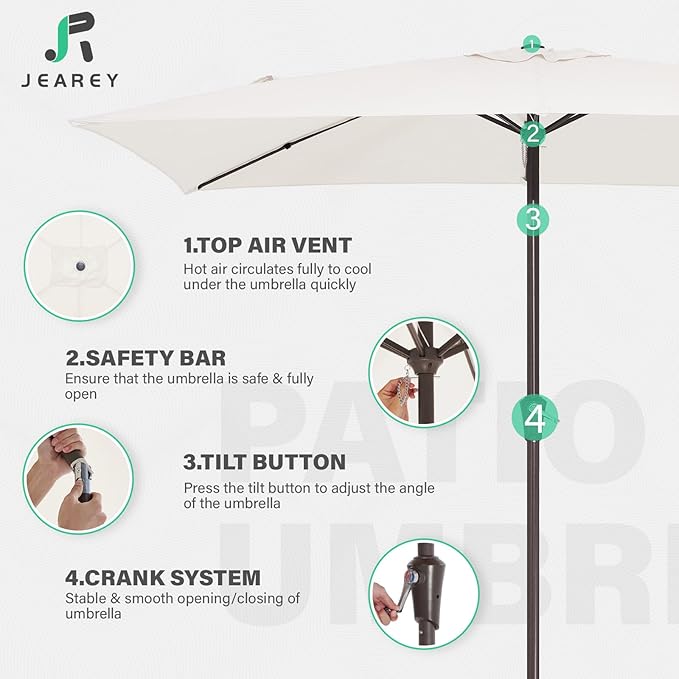 JEAREY 6.5x10 ft Rectangular Patio Umbrellas Rectangle Outdoor Umbrella with Push Button Tilt and Crank, Market Table Umbrella 6 Sturdy Ribs UV Protection for Poolside Garden Backyard Deck, Cream White