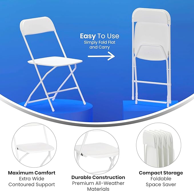 Flash Furniture Hercules Series Big & Tall Stackable Plastic Folding Chairs, Extra Wide Commercial Event Seats, Set of 4, White