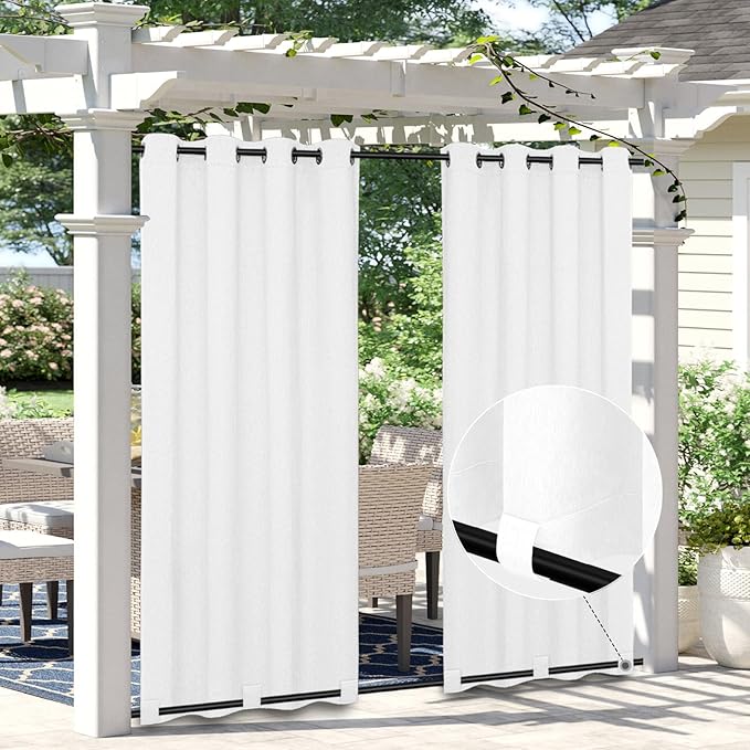 Easy-Going Linen Look Outdoor Curtains Waterproof Windproof Porch Curtains, Soft Thicken Outdoor Privacy Curtains for Patio, Gazebo, Grommet Top and Tab Bottom Drape, 2 Panels, 54x96 inch, White