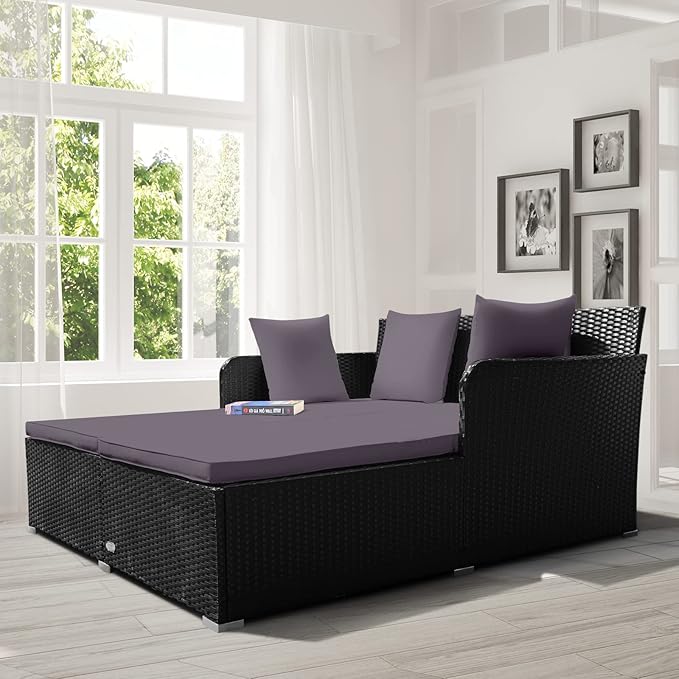 COSTWAY Outdoor Patio Rattan Daybed, Sponge Cushioned Loveseat Sofa with 4 Pillows, Wicker Furniture Sunbed for Balcony, Courtyard (Grey)