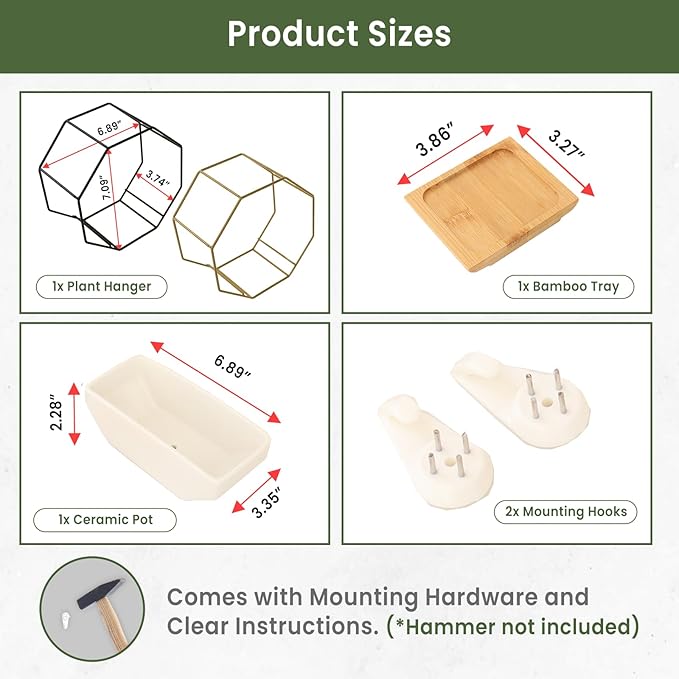 IRYL Wall Planter for Indoor Plants - Ceramic Wall Hanging Planter Set with Bamboo Tray & Hooks - Decorative Wall Plant Holder - Modern Wall Planters for Vertical Garden Home Decor - Golden