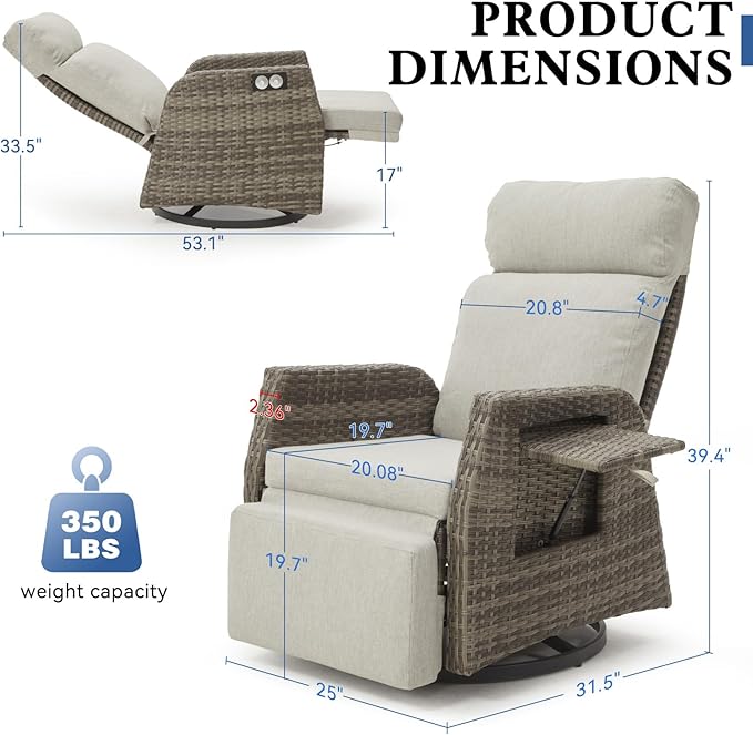 Adjustable Outdoor Recliner Chair with Independent Backrest & Footrest, Patio Swivel Recliner Chair, Wicker Reclining Patio Chair w/Flip-Up Table, Air Pump 155° Lay Flat Chaise Lounge, Gray