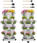 GameXcel Vertical Planter 5 Tier Stackable Planters Garden Planters Strawberry Herb Flower and Vegetable Planter Indoor Outdoor Gardening Pots with Removable Wheels and Tools 2-Pack