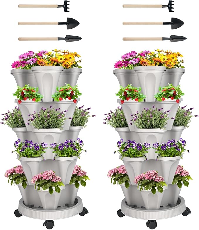 GameXcel Vertical Planter 5 Tier Stackable Planters Garden Planters Strawberry Herb Flower and Vegetable Planter Indoor Outdoor Gardening Pots with Removable Wheels and Tools 2-Pack