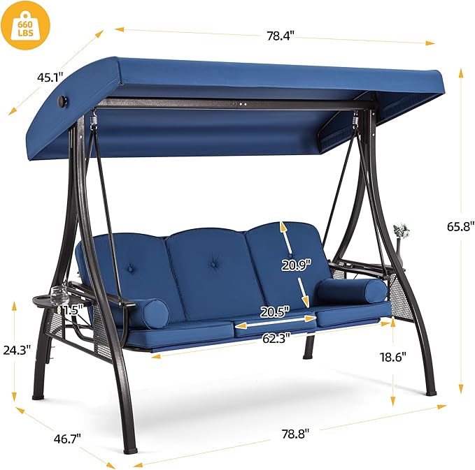 HOMREST 3 Seat Outdoor Porch Swing with 1.5" Deepened Cup Holder, Adjustable Canopy, Patio Swing Bed with Stand, Patio Glider Swing with Thicken Cushions, Pillow for Yard, Garden(Blue)