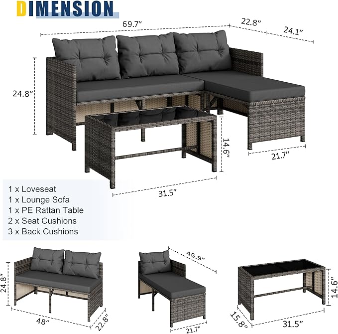 Vongrasig 3 Pieces Patio Furniture Sets, All-Weather Wicker Outdoor Sofa Couch Sectional Set, Small Conversation Set for Patio, Garden w/Cushion, Glass Table, (Grey)