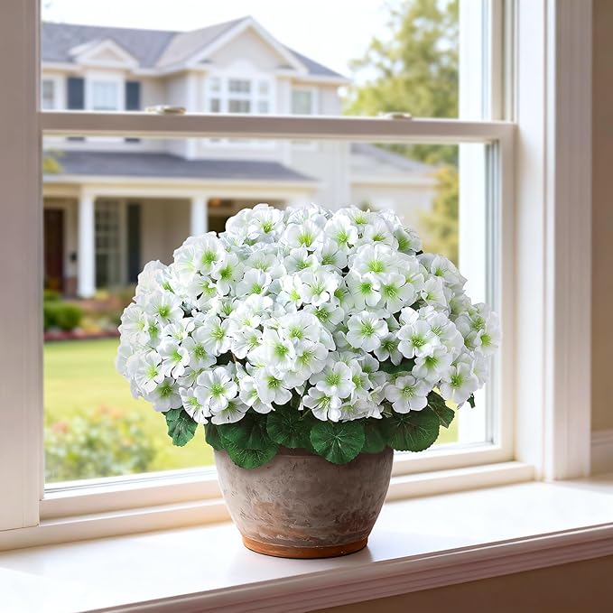 2 Pack Artificial Geranium Flowers Topitary Trees for Outdoors, UV Resistant Geraniums Potted Bushes Look Real Silk Faux Plants for Front Door Garden Porch Planter Farmhouse Home Decor (White)