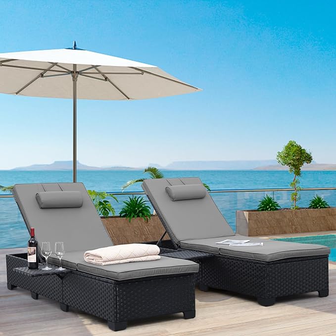 WAROOM Outdoor Chaise Lounge Chairs for Outside Patio Furniture Set of 2 Wicker Recliner Black Rattan Sunbathing Lounger Adjustable Backrest Pool Reclining Chair, Grey Cushion