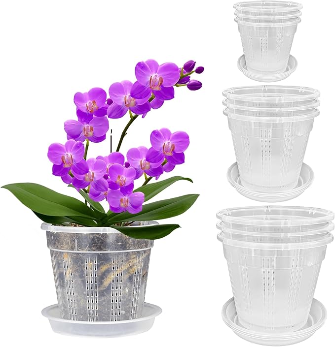 Orchid Pot with Saucers, 3 Each of 4.3",5.5",6.1" Orchid Pots with Holes,9 Pack Clear Planter for Indoor Outdoor Plants (3 Each of 4.3",5.5",6.1" with Saucers)