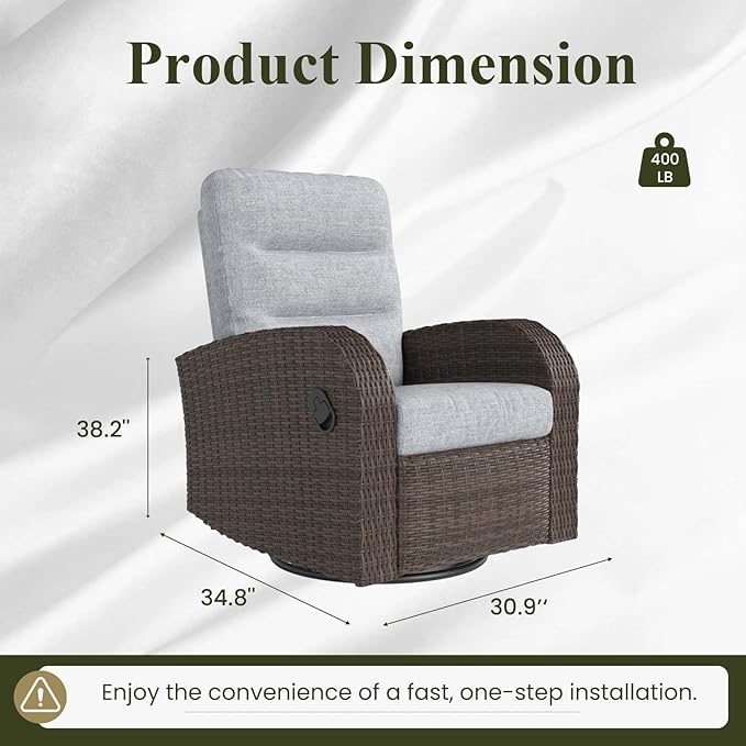 LayinSun Oversized Wicker Outdoor Swivel Glider Recliner with Adjustable Backrest & Footrest, Patio Reclining Lounge Chair - Set of 2