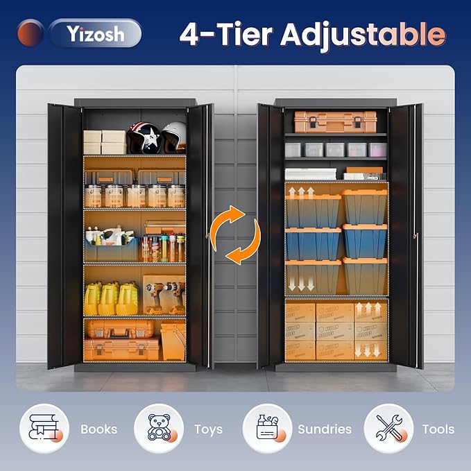 Yizosh Metal Garage Storage Cabinet with 2 Doors and 4 Adjustable Shelves - 71" Steel Lockable File Cabinet,Locking Tool Cabinets for Office,Home,Garage,School,Gym