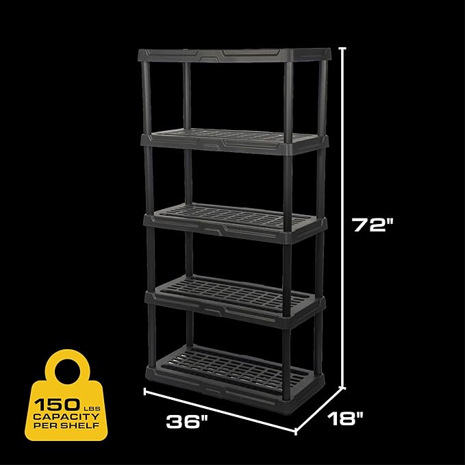CX 5-Tier Heavy Duty Plastic Storage Shelves that Support up to 150lbs/shelf, Organization and Storage, Weather-Resistant Design, Easy Assembly, Black (72”H x 36”W x 18”D)