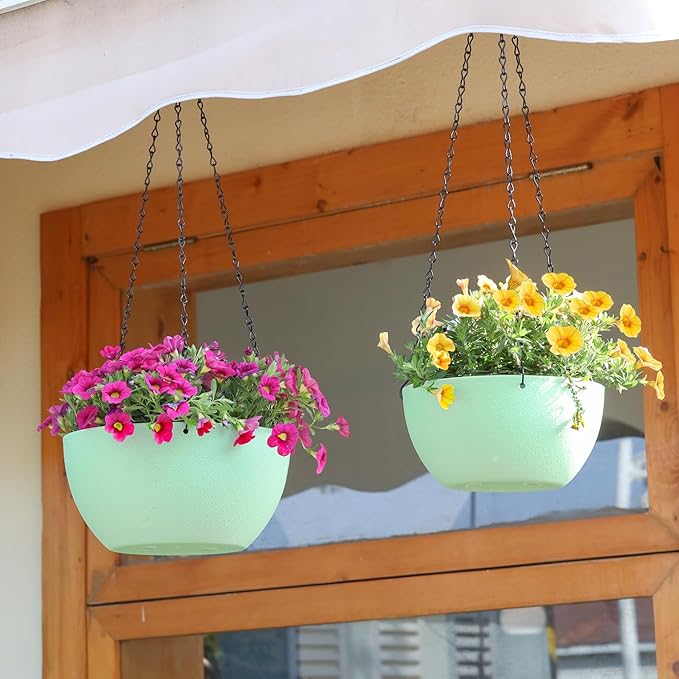 T4U 12 Inch Hanging Planters for Indoor Outdoor Plants, 2 Pack Plastic Hanging Planter, Indoor Hanging Plant Pots, Hanging Basket with Drainage Holes, Flower Pots for Garden Home Decor, Green