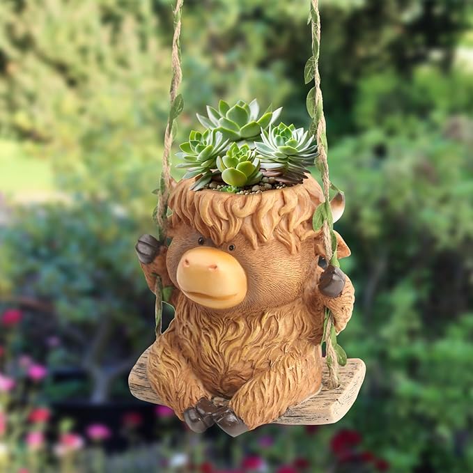 Swing Highland Cow Hanging Planters for Indoor Plants, Cute Small Planter Pot for Indoor Outdoor Plants, Succulent Pots with Drainage Hole, Unique Funny Hanging Plant Flower Pot, Gift Ideas