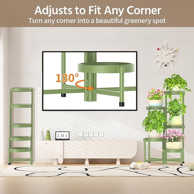 LASZOLA 5 Tiered Folding Plant Stand Indoor for Multiple Large Planter, Tall Heavy Duty Adjustable Rack with Rust Proof Plastic Shelving, Sturdy Vertical Tree Organizer for Narrow Inside Floor, Green