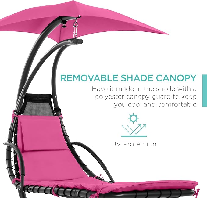 Best Choice Products Outdoor Hanging Curved Steel Chaise Lounge Chair Swing w/Built-in Pillow and Removable Canopy - Pink