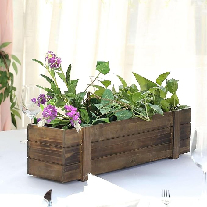Efavormart 24"x6" Smoked Brown Rectangle Wood Planter Box with Plastic Liner, DIY Rustic Wooden Window Box for Wedding Table Centerpieces and Farmhouse Party Decor