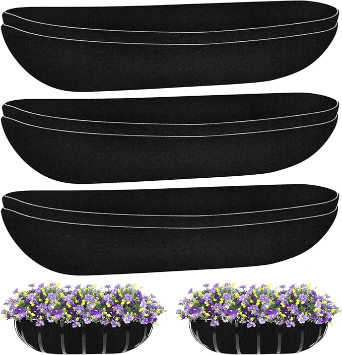 Riare 6 Pack 36 Inch Black Felt Window Box Liners- Fabric Trough Planter Basket Liners Replacement, Non-Woven Hanging Plant Liner for Wall Hanging Basket, Garden Fence Railing (Avoid Bird Nesting)