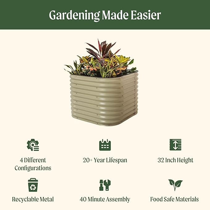 32" Extra Tall Raised Garden Bed Kits, 3.5 x 3.5 x 2.7ft Raised Planter Box Outdoor, 2 x 5 x 2.7ft Deep Root 4 in 1 Modular Metal Raised Beds for Gardening Vegetables Flowers Fruits - Pearl White